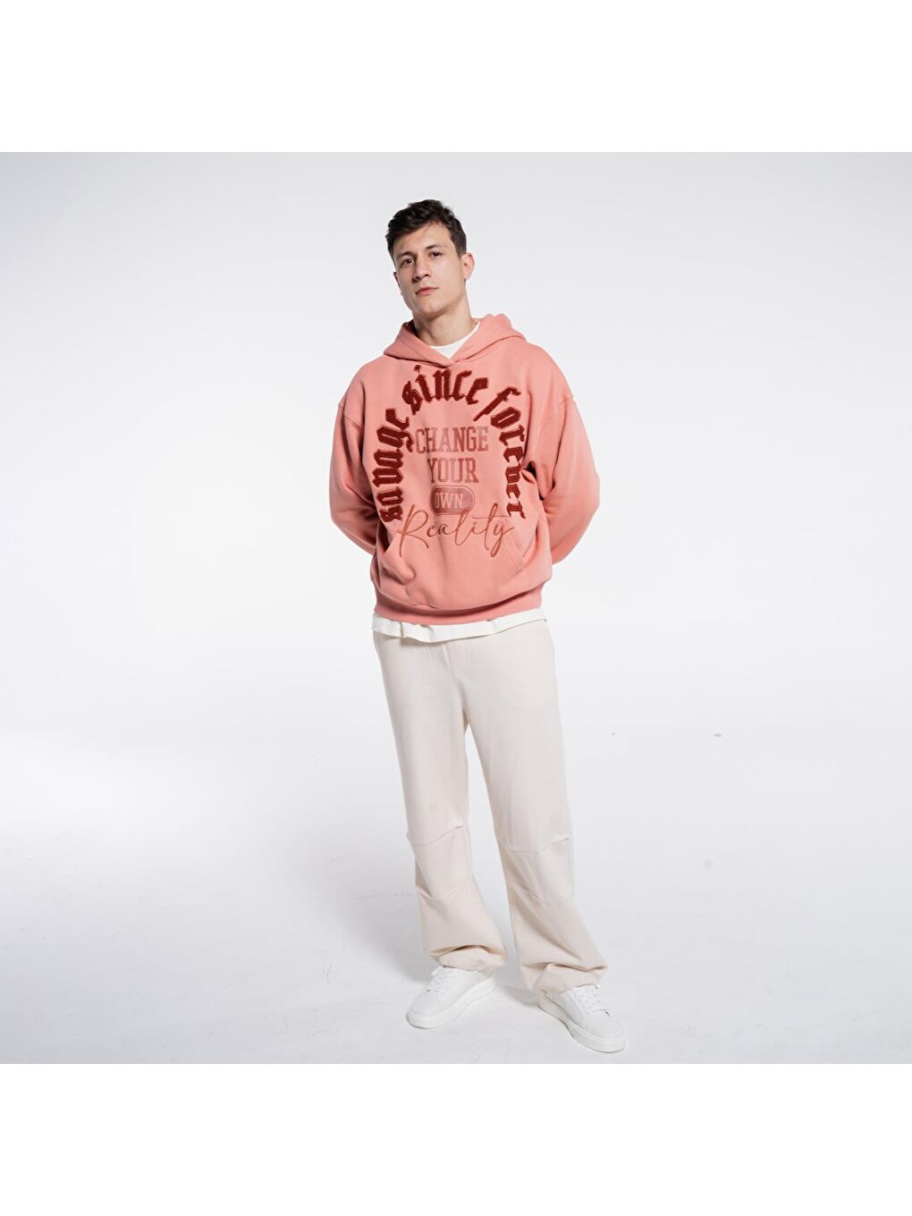 Pembe Erkek Somon Ekstra Oversize Kapüşonlu Sweatshirt Hoodie - Şardonlu 3 İplik-3