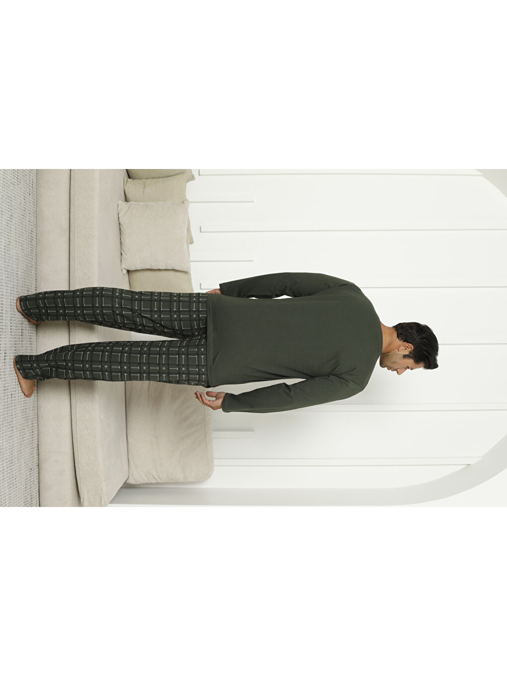 Haki Erkek %100 Organik Doğal Pamuk Ekose Cep Detaylı Yüksek Kalite Uzun Kollu Pijama Takımı-1