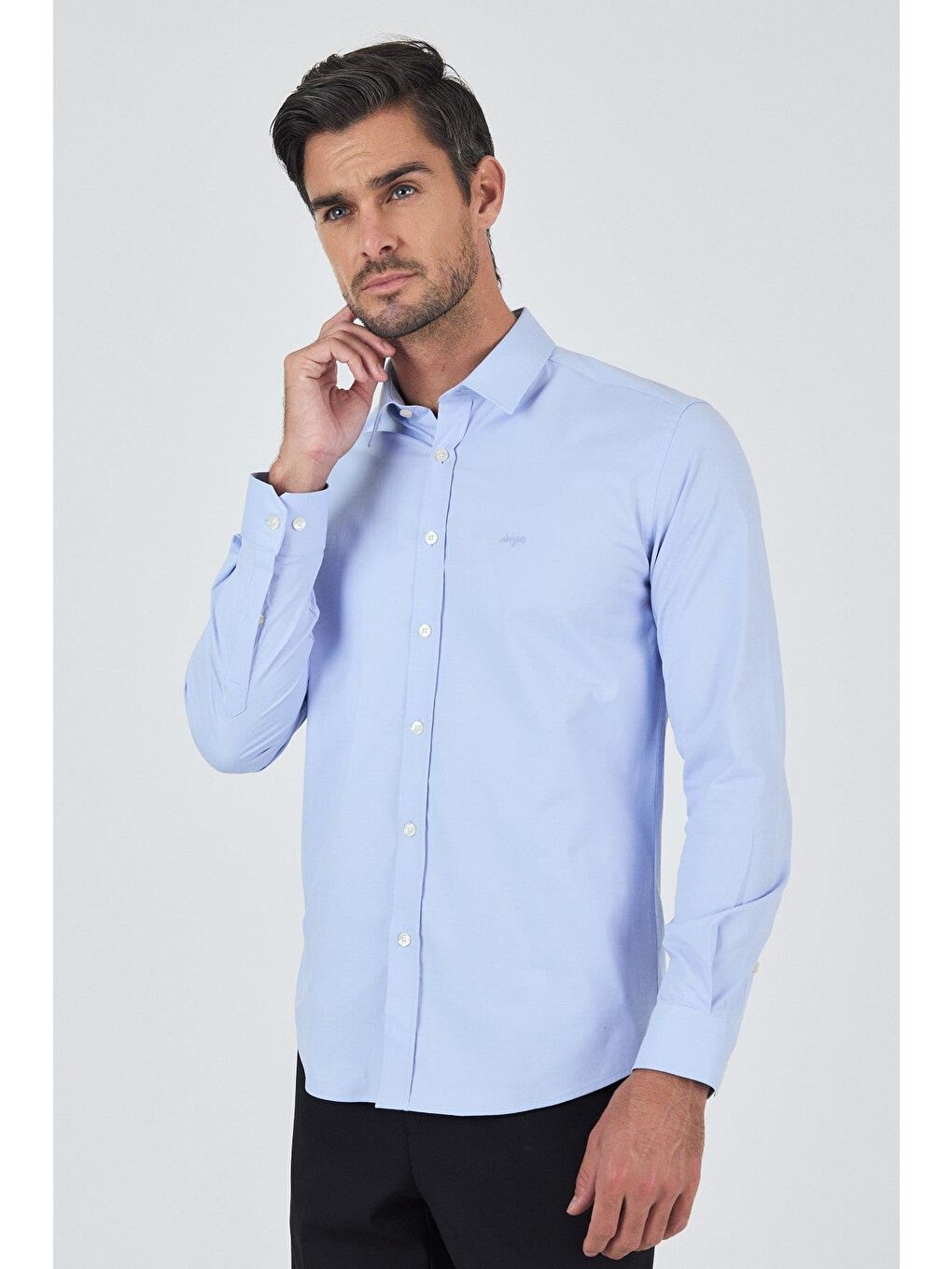 Mavi Uzun Kol Düz Bez Ayağı Sert Yaka Cepsiz Pamuklu Classic Slim Fit Gömlek 1004250195-2