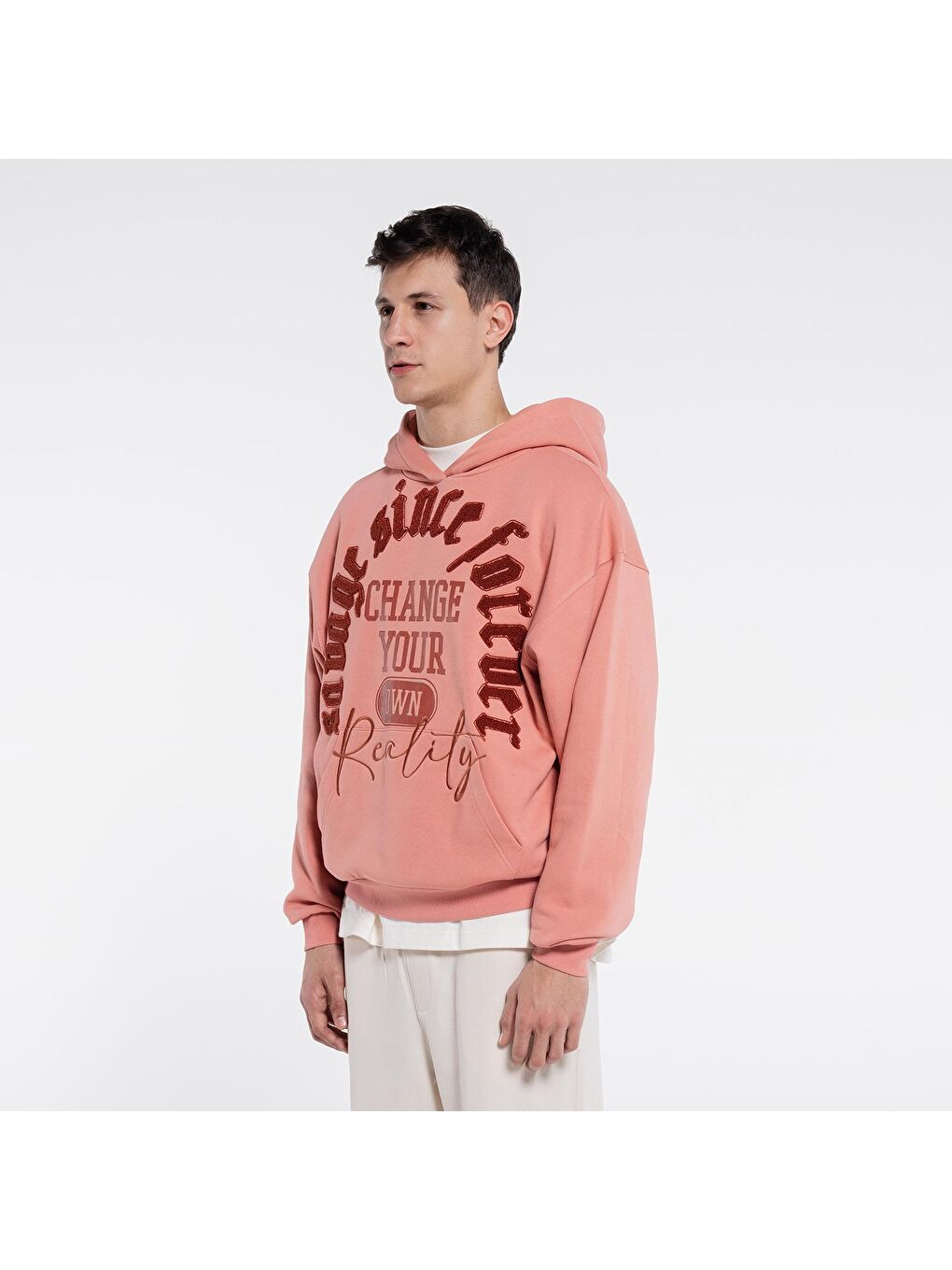 Pembe Erkek Somon Ekstra Oversize Kapüşonlu Sweatshirt Hoodie - Şardonlu 3 İplik-4