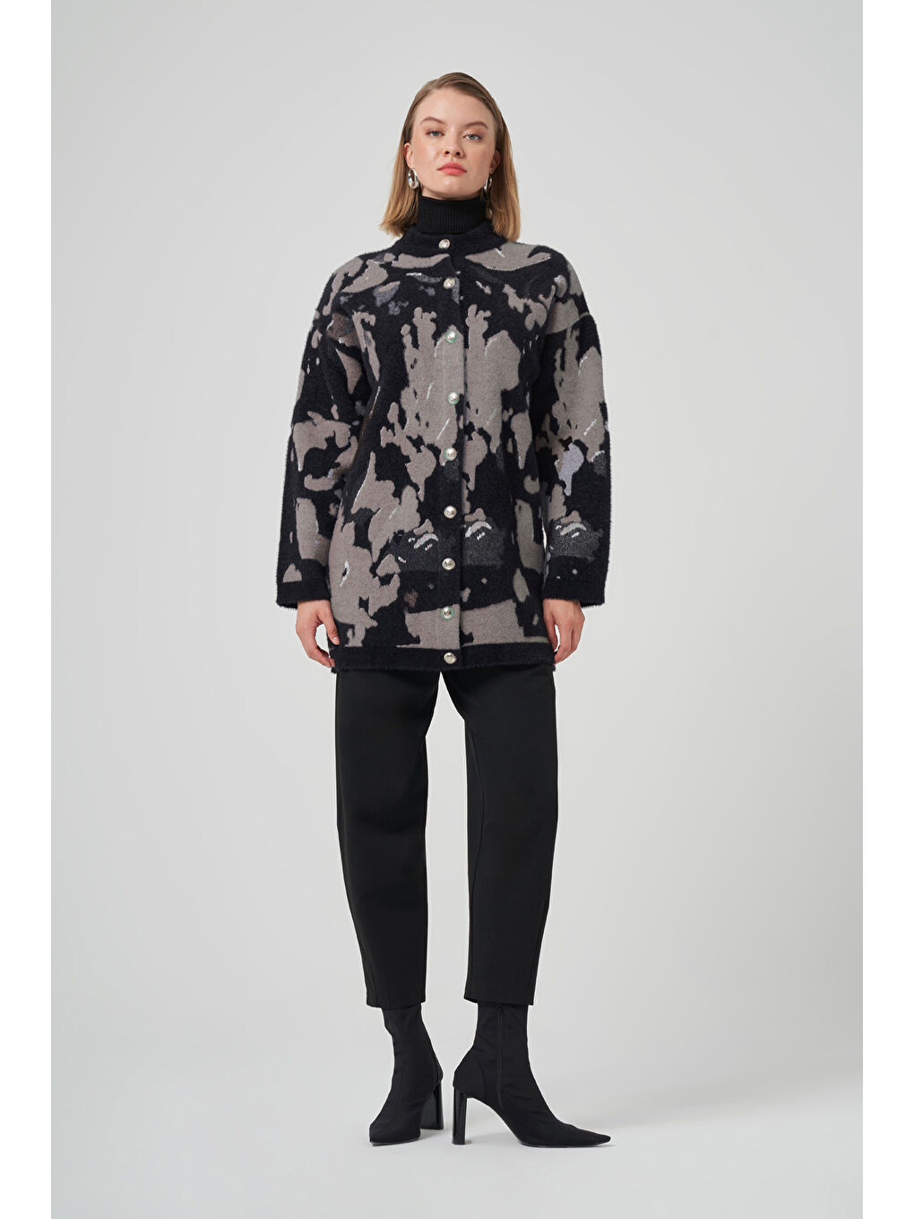 Desenli Düğme Detay Angora Hırka 7006 Siyah