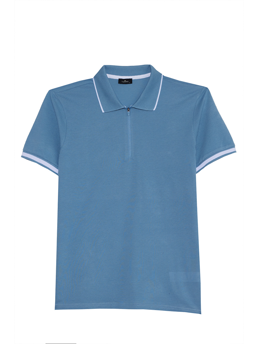 Erkek Slim Fit Dar Kesim %100 Pamuk Jakarlı Düz Yaka Ve Kol Detaylı Mavi Polo Yaka Tişört