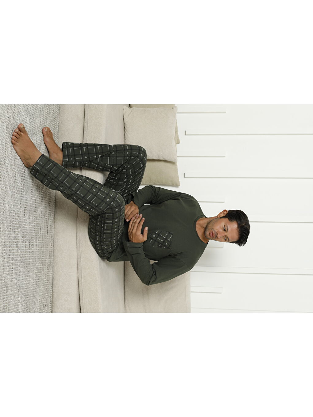 Haki Erkek %100 Organik Doğal Pamuk Ekose Cep Detaylı Yüksek Kalite Uzun Kollu Pijama Takımı-2