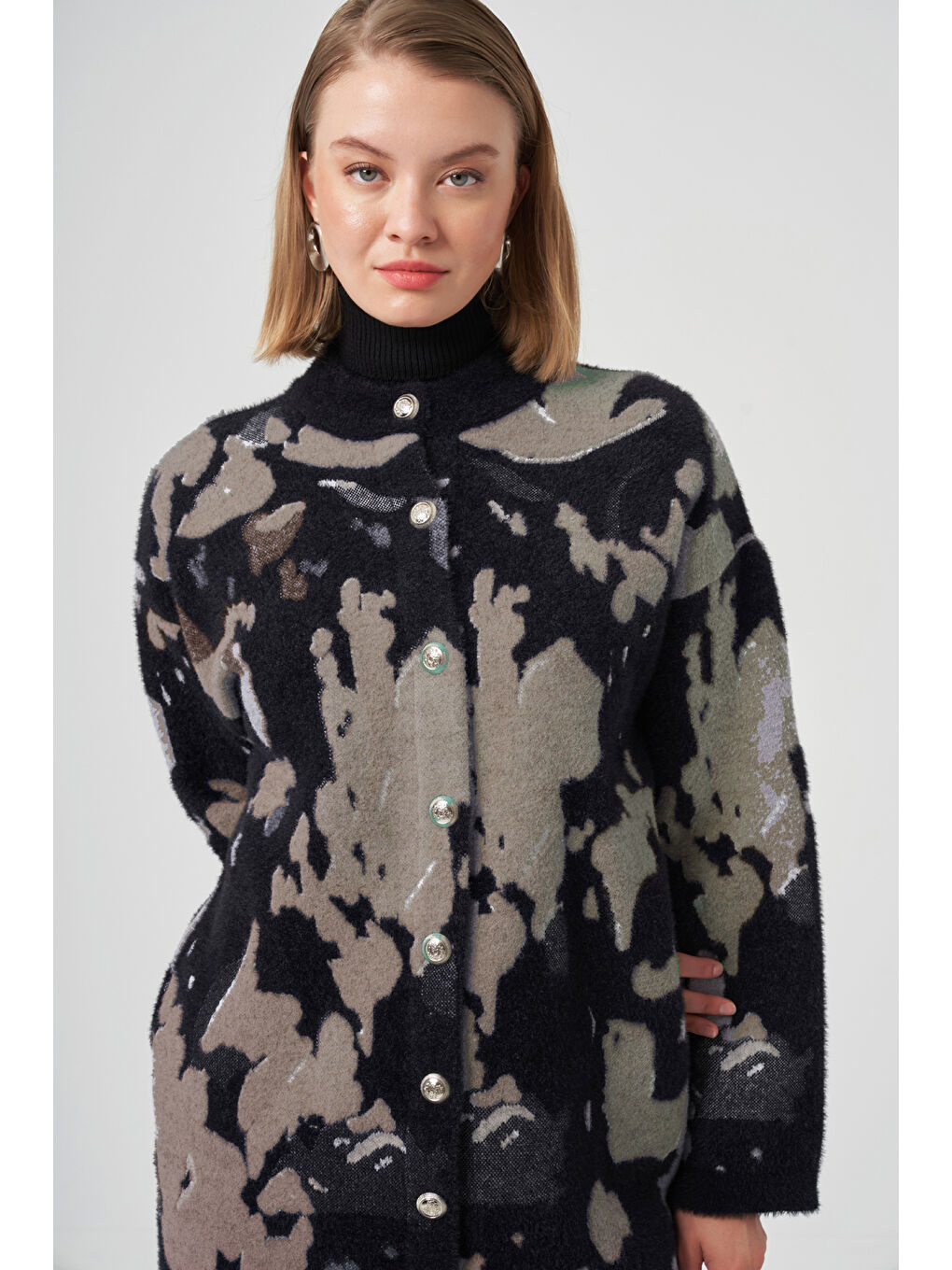 Desenli Düğme Detay Angora Hırka 7006 Siyah-3