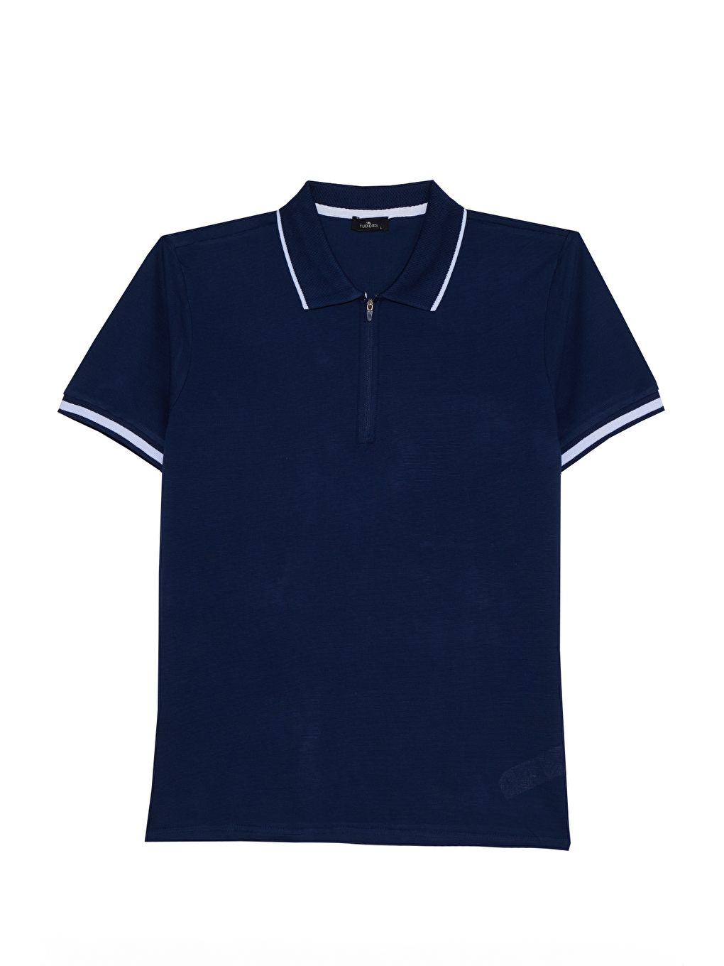 Erkek Slim Fit Dar Kesim %100 Pamuk Jakarlı Düz Yaka Ve Kol Detaylı Lacivert Polo Yaka Tişört