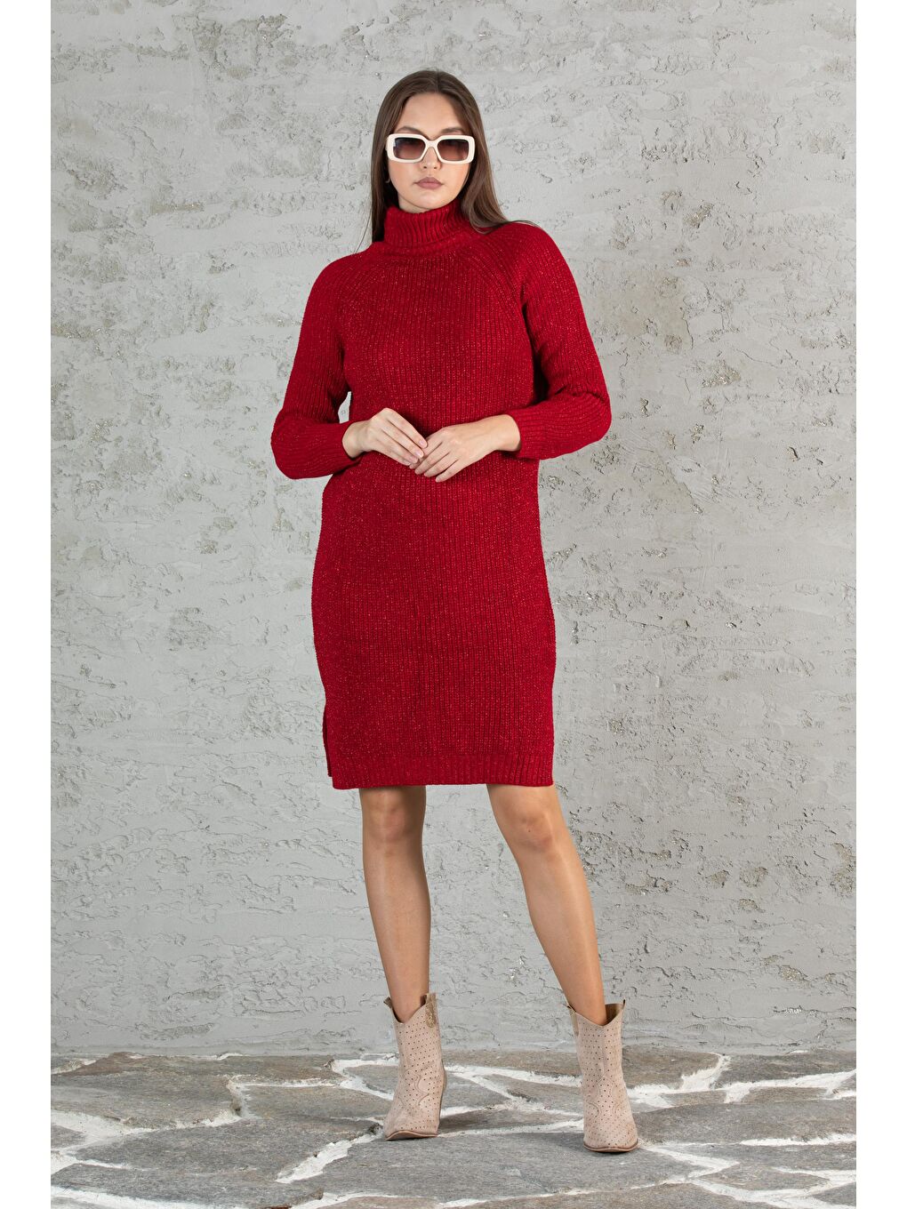 Kırmızı Kadın Balıkçı Yaka Sim Garnili Triko Tunik 055