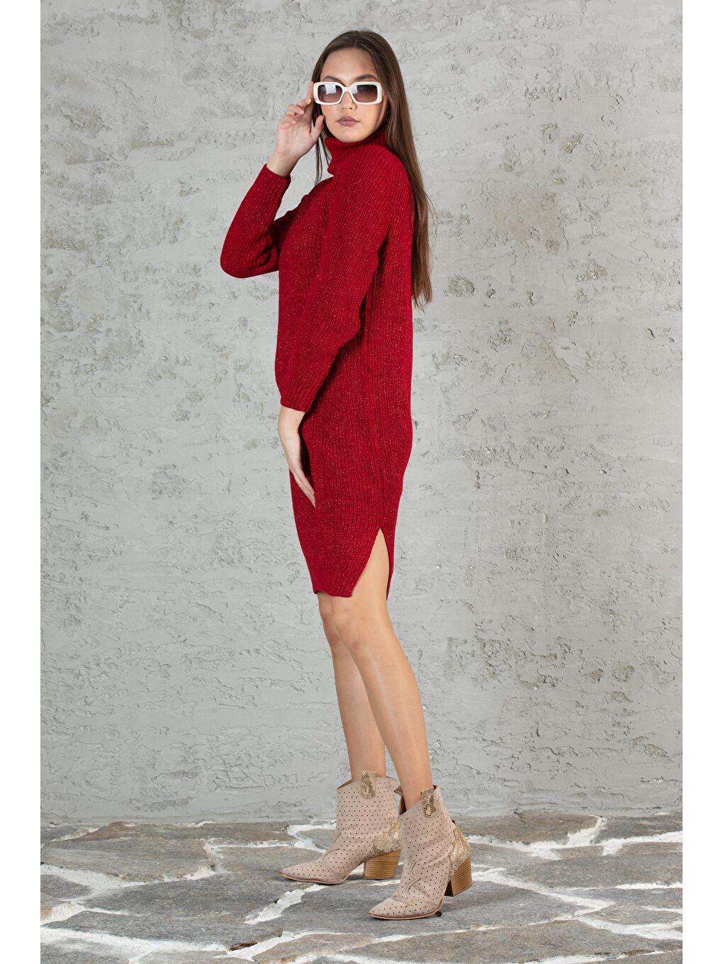 Kırmızı Kadın Balıkçı Yaka Sim Garnili Triko Tunik 055-1