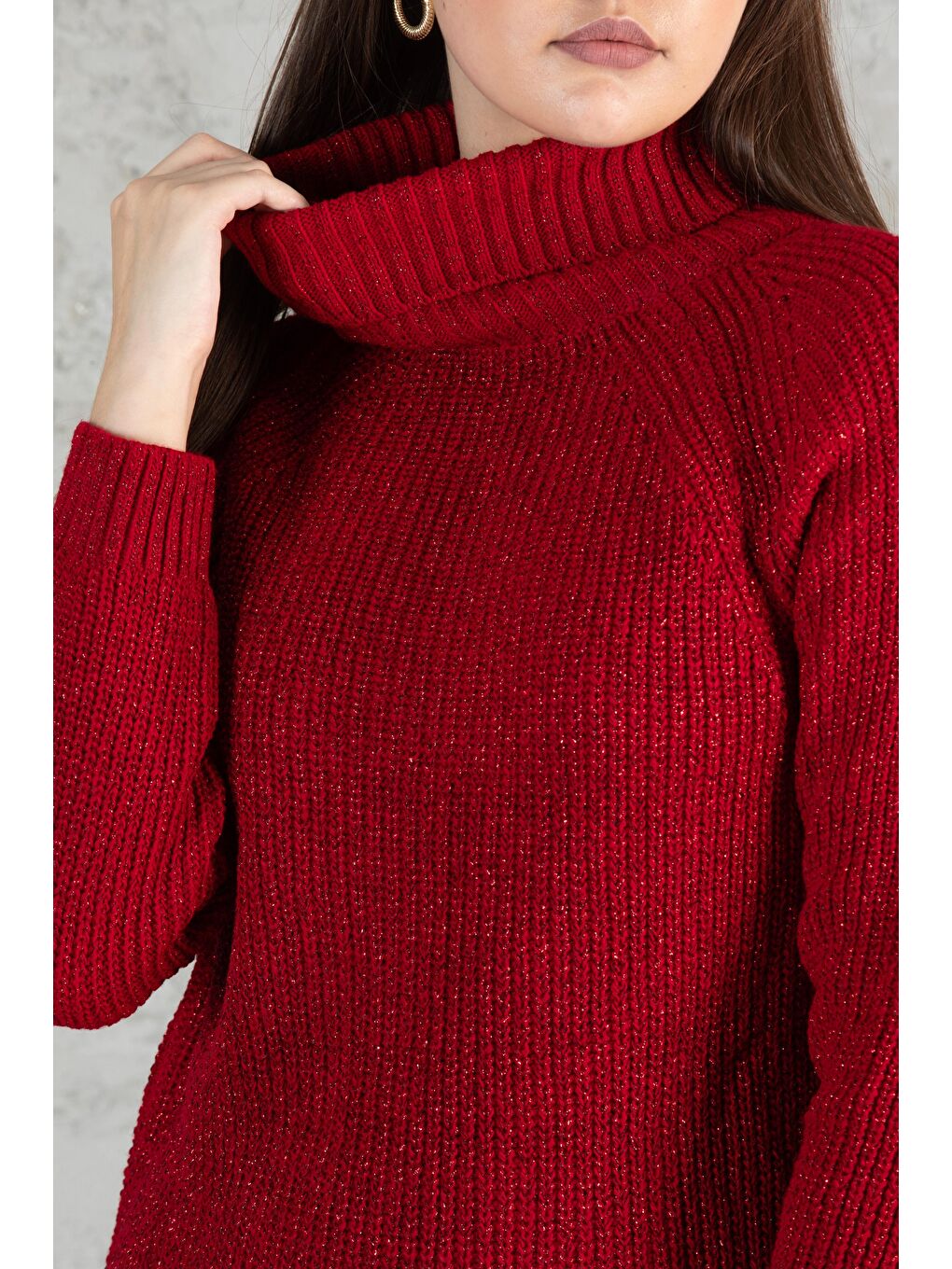 Kırmızı Kadın Balıkçı Yaka Sim Garnili Triko Tunik 055-2