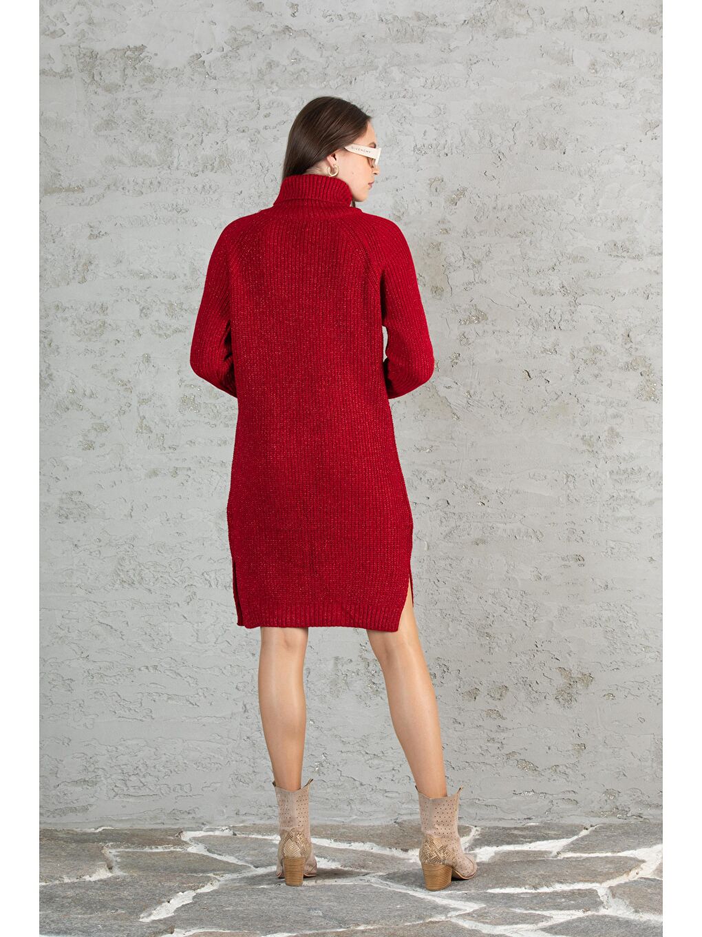 Kırmızı Kadın Balıkçı Yaka Sim Garnili Triko Tunik 055-3