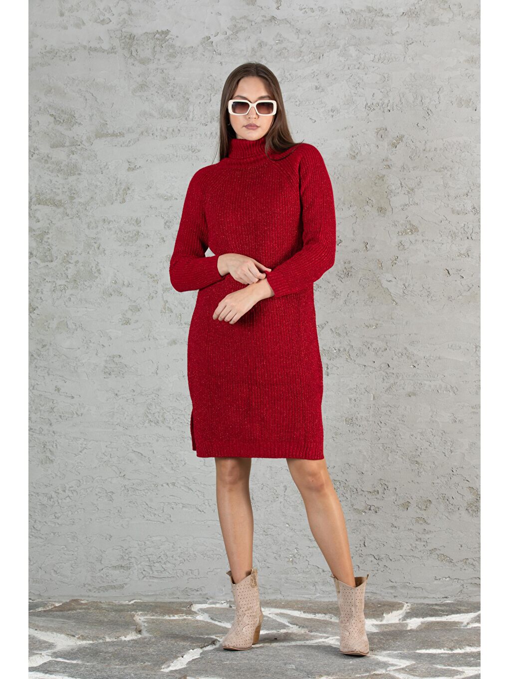 Kırmızı Kadın Balıkçı Yaka Sim Garnili Triko Tunik 055-4