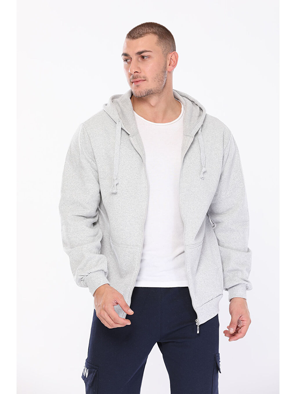 Gri Kapüşonlu  Erkek Fermuarlı Sweatshirt Hırka