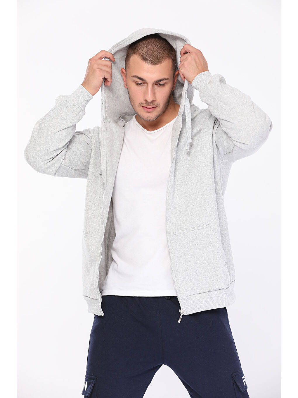 Gri Kapüşonlu  Erkek Fermuarlı Sweatshirt Hırka-1