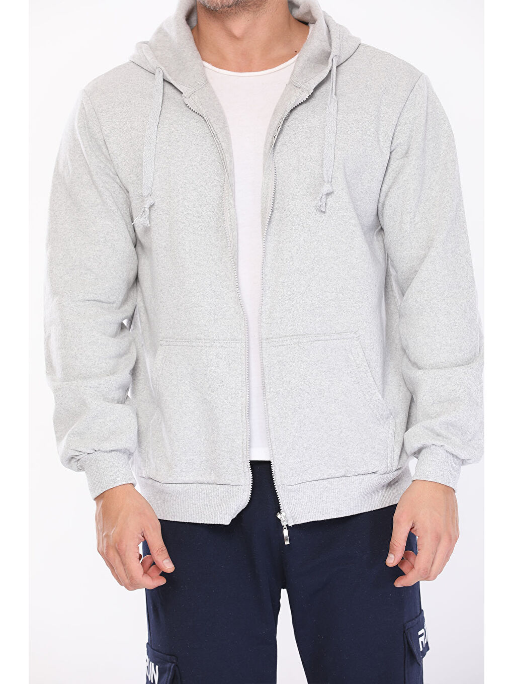 Gri Kapüşonlu  Erkek Fermuarlı Sweatshirt Hırka-2