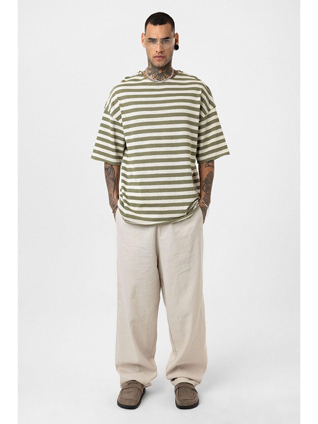 Çizgili Oversize Triko Tişört Haki