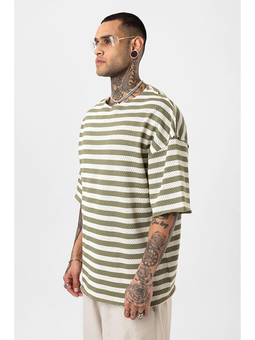 Çizgili Oversize Triko Tişört Haki-3