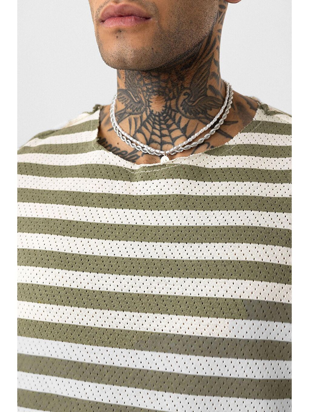 Çizgili Oversize Triko Tişört Haki-4