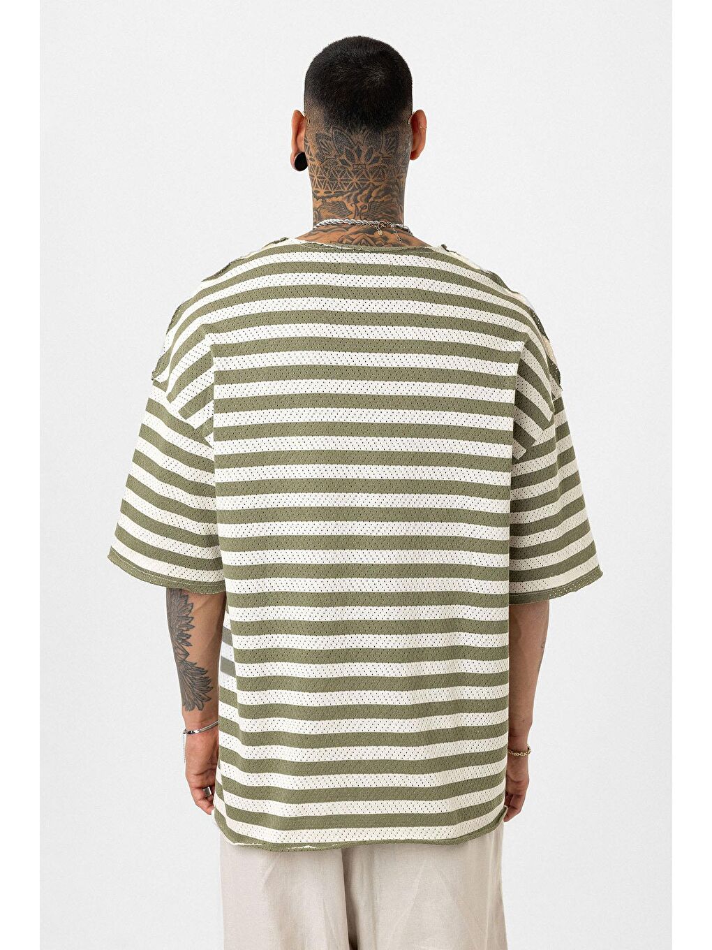 Çizgili Oversize Triko Tişört Haki-5