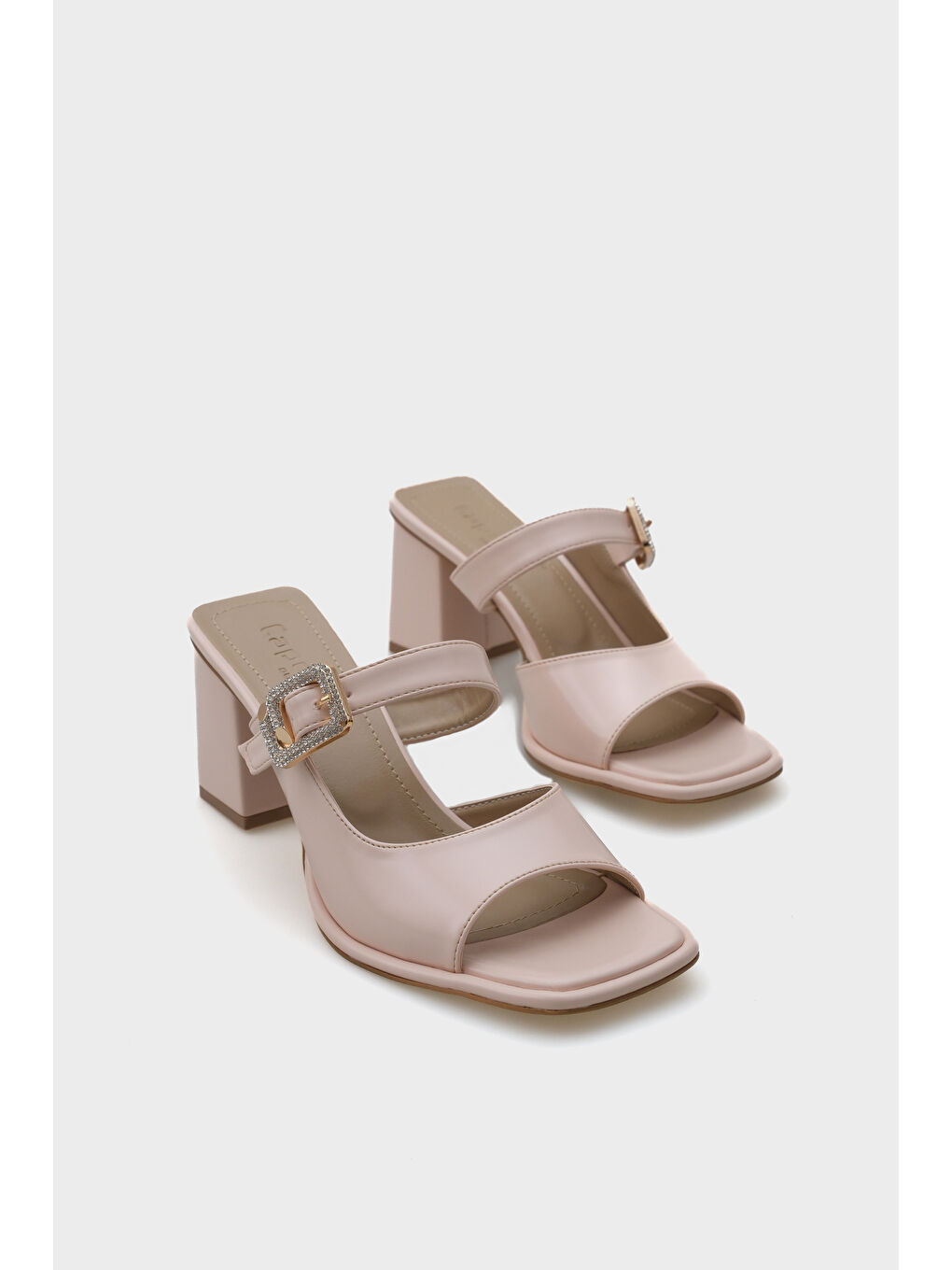 Bej Monika Küt Burunlu Orta Topuklu Taşlı Tokalı Kadın Terlik-1