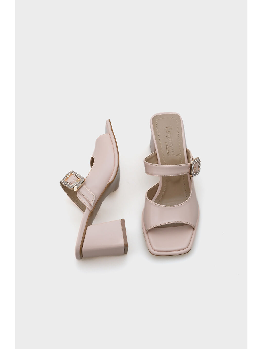 Bej Monika Küt Burunlu Orta Topuklu Taşlı Tokalı Kadın Terlik-3