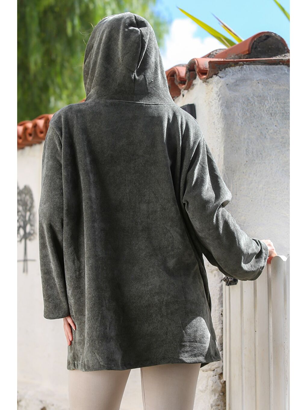 İtalyan Haki Kapüşonlu Uzun Kol Fermuarlı Cepli Casual Kadife Dokuma Ceket 80 75-1