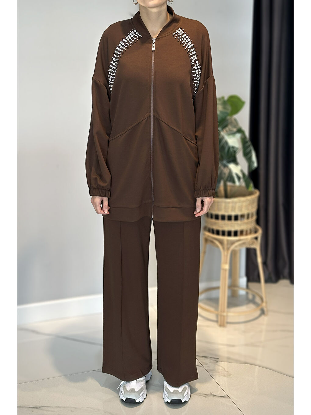 Önü Taş Detay Penye Takım 2015 Kahverengi