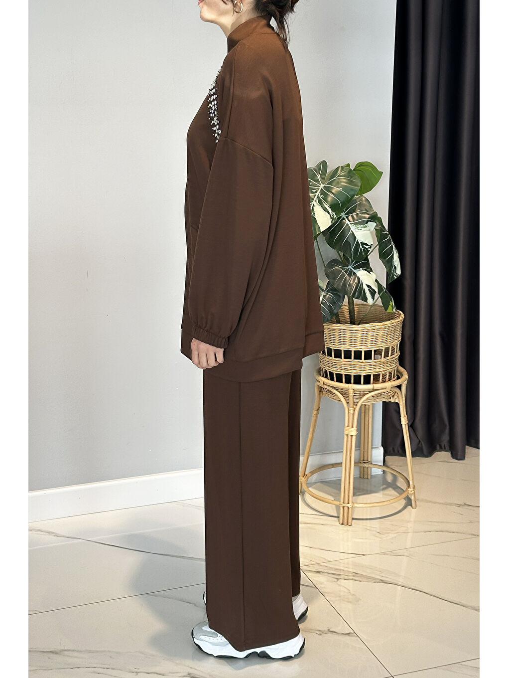 Önü Taş Detay Penye Takım 2015 Kahverengi-1