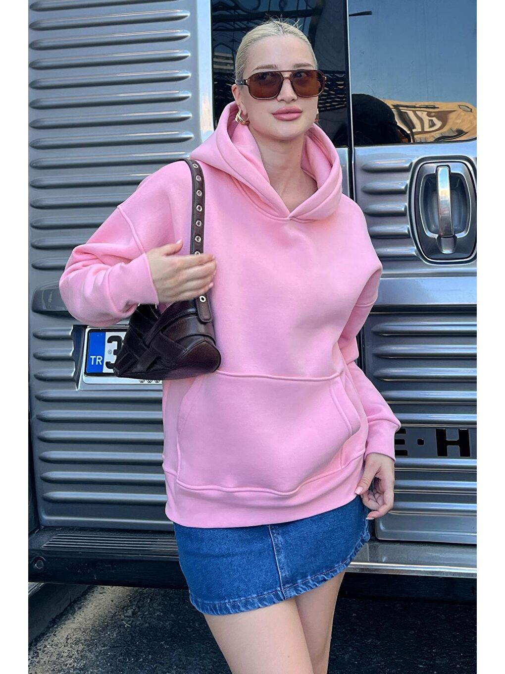 Madmext Pembe Kapüşonlu Şardonlu Oversize Cepli Sweatshirt MG2206 - 3