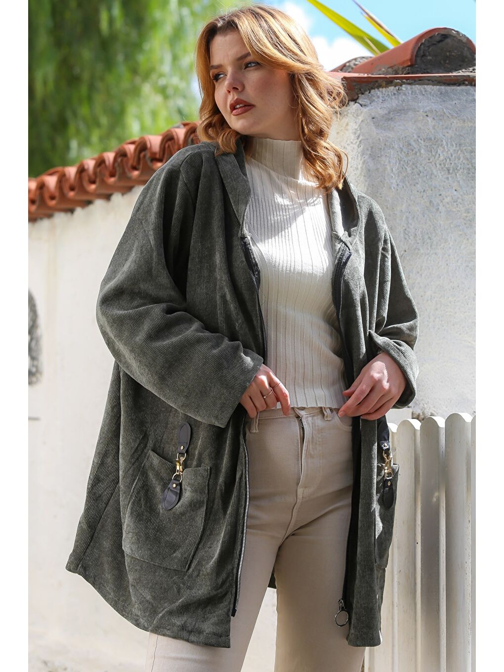 İtalyan Haki Kapüşonlu Uzun Kol Fermuarlı Cepli Casual Kadife Dokuma Ceket 80 75-3