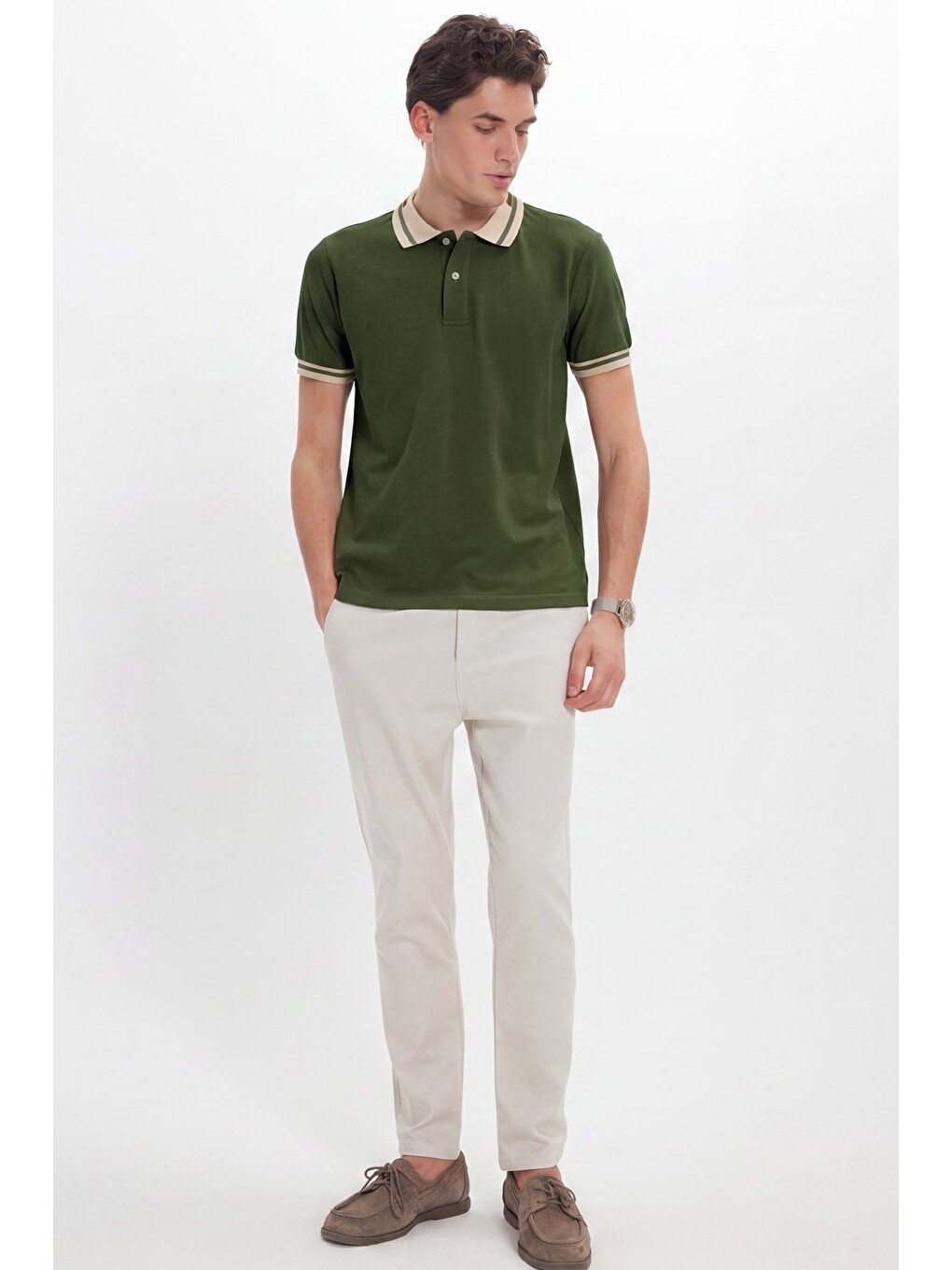 Erkek Slim Fit Dar Kesim %100 Pamuk Düz Pike Yaka Ve Kol Detaylı Haki Polo Yaka Tişört-1
