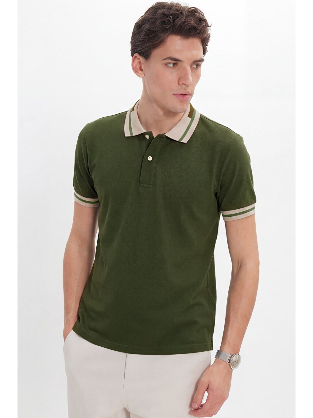 Erkek Slim Fit Dar Kesim %100 Pamuk Düz Pike Yaka Ve Kol Detaylı Haki Polo Yaka Tişört-2