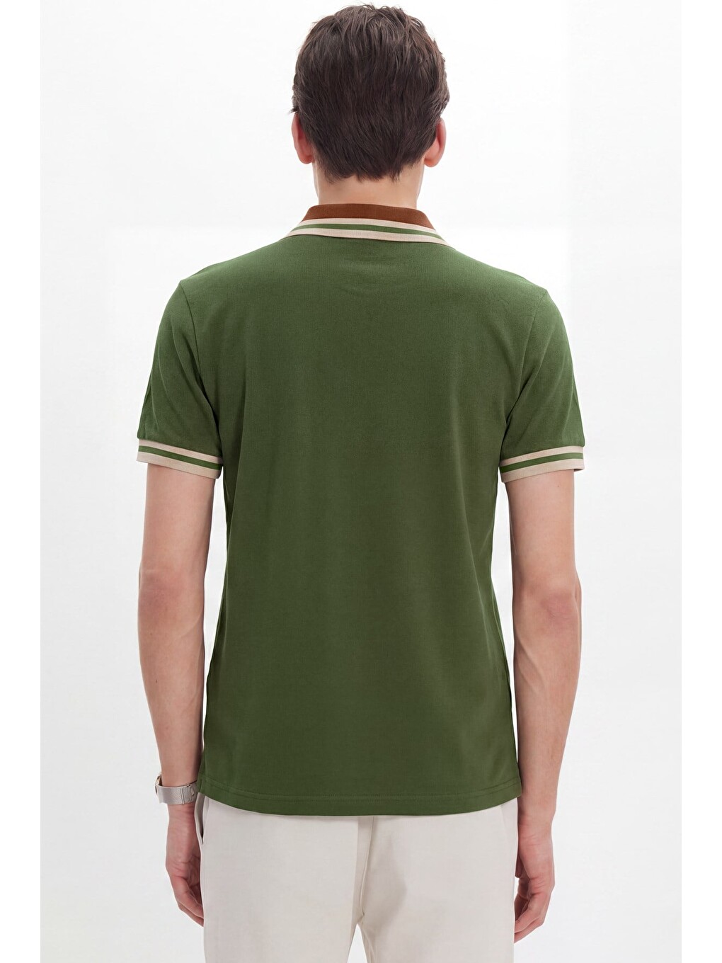 Erkek Slim Fit Dar Kesim %100 Pamuk Düz Pike Yaka Ve Kol Detaylı Haki Polo Yaka Tişört-5