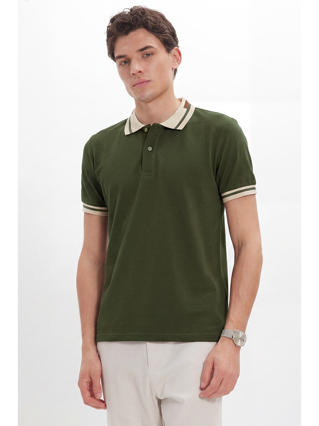 Erkek Slim Fit Dar Kesim %100 Pamuk Düz Pike Yaka Ve Kol Detaylı Haki Polo Yaka Tişört-6