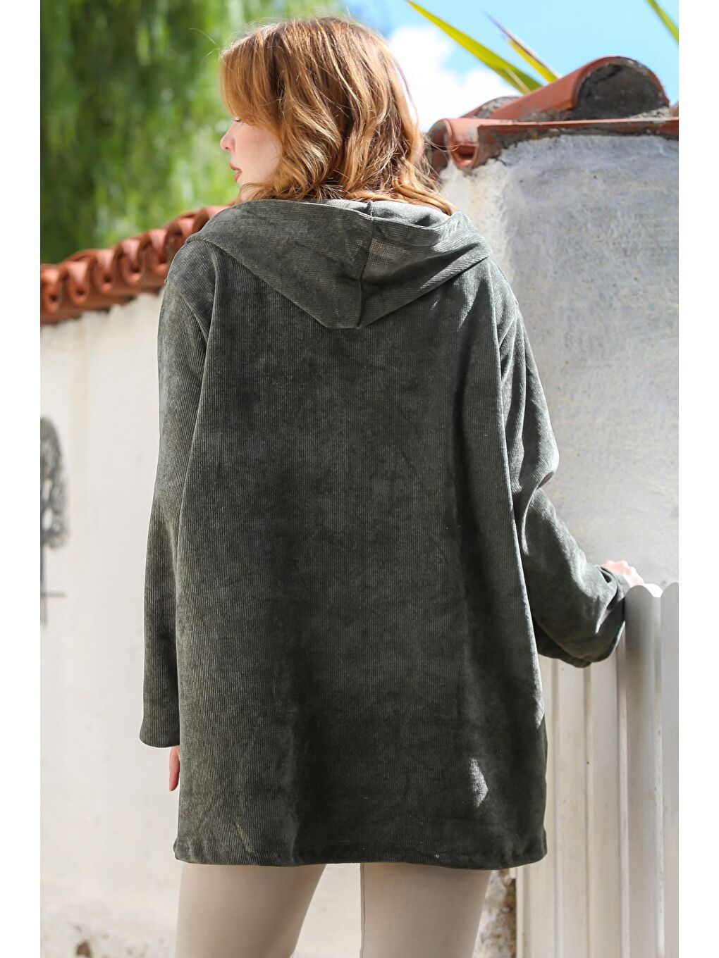 İtalyan Haki Kapüşonlu Uzun Kol Fermuarlı Cepli Casual Kadife Dokuma Ceket 80 75-7