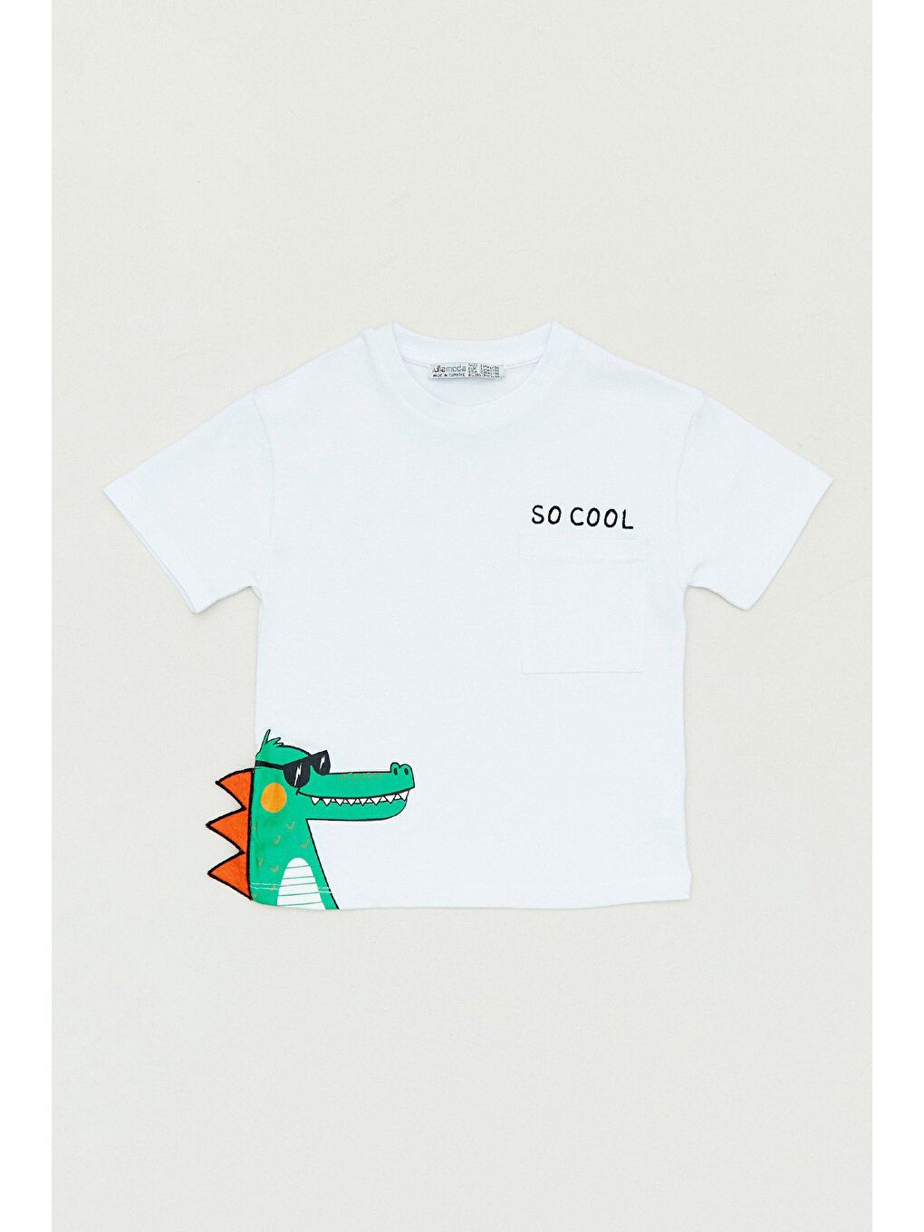 Beyaz Dinozor Baskılı Cepli Erkek Çocuk Tişört
