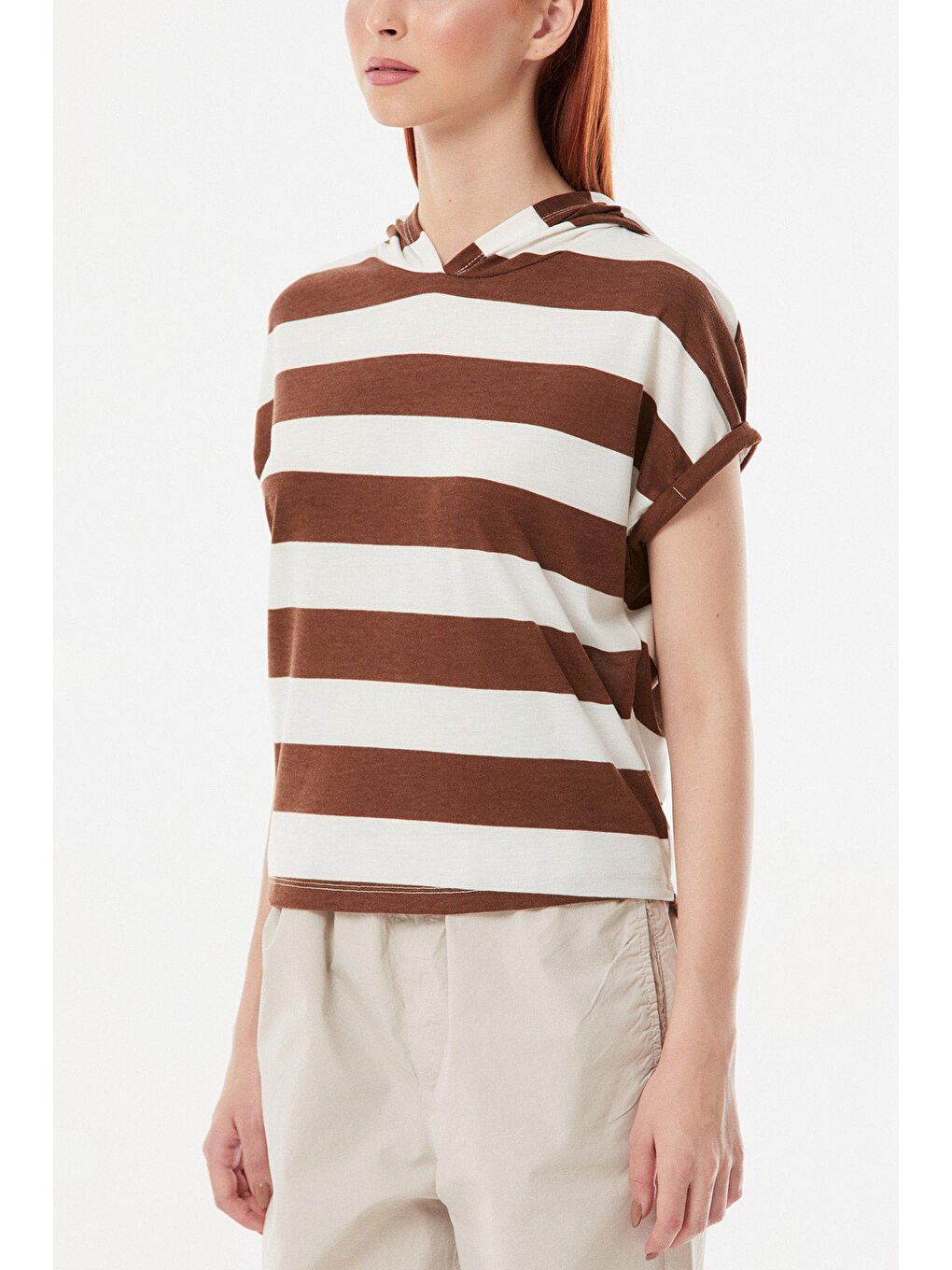 Kahverengi Çizgili Kapüşonlu Oversize Tişört-3