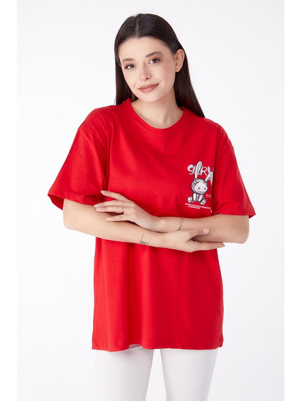 Bisiklet Yaka Kadın Kırmızı Baskılı Tişört - 25288-1