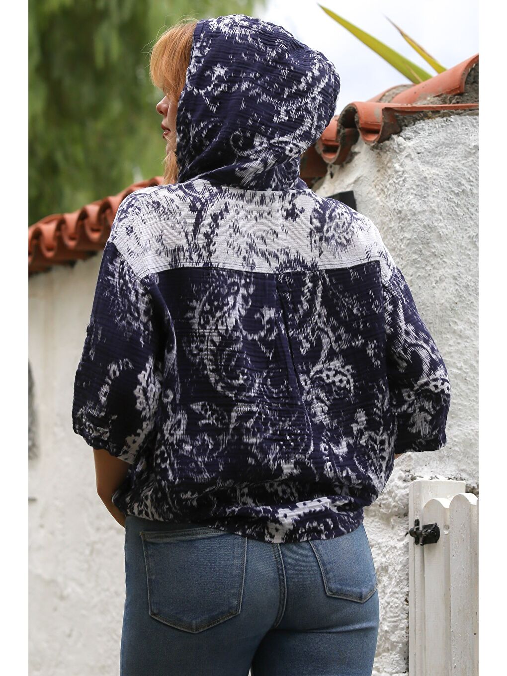 Mavi Kapüşonlu Uzun Kol Şal Desenli Fermuarlı Pamuklu Dokuma Ceket 58 64-1