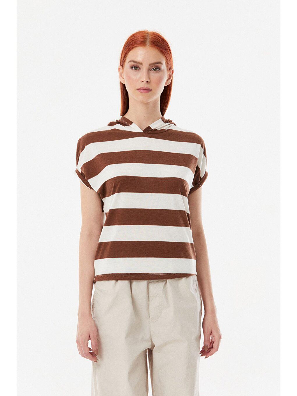 Kahverengi Çizgili Kapüşonlu Oversize Tişört-4