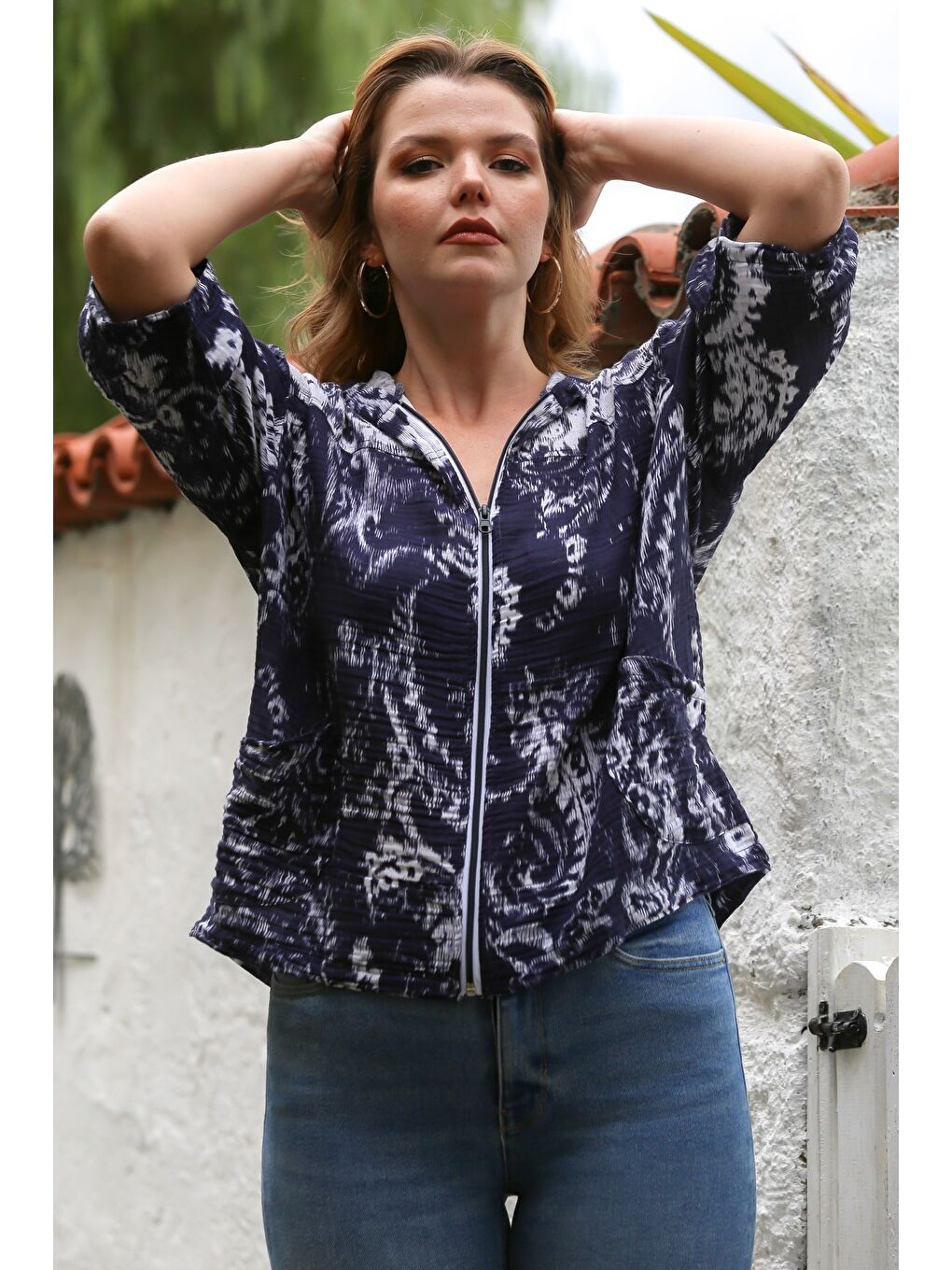 Mavi Kapüşonlu Uzun Kol Şal Desenli Fermuarlı Pamuklu Dokuma Ceket 58 64-2