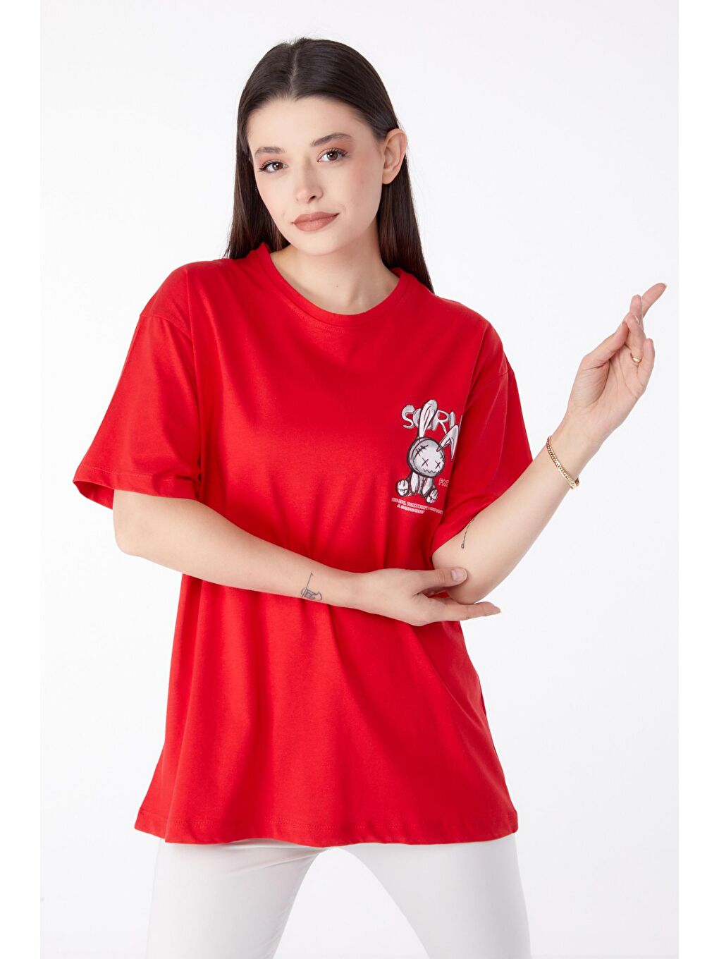 Bisiklet Yaka Kadın Kırmızı Baskılı Tişört - 25288-2