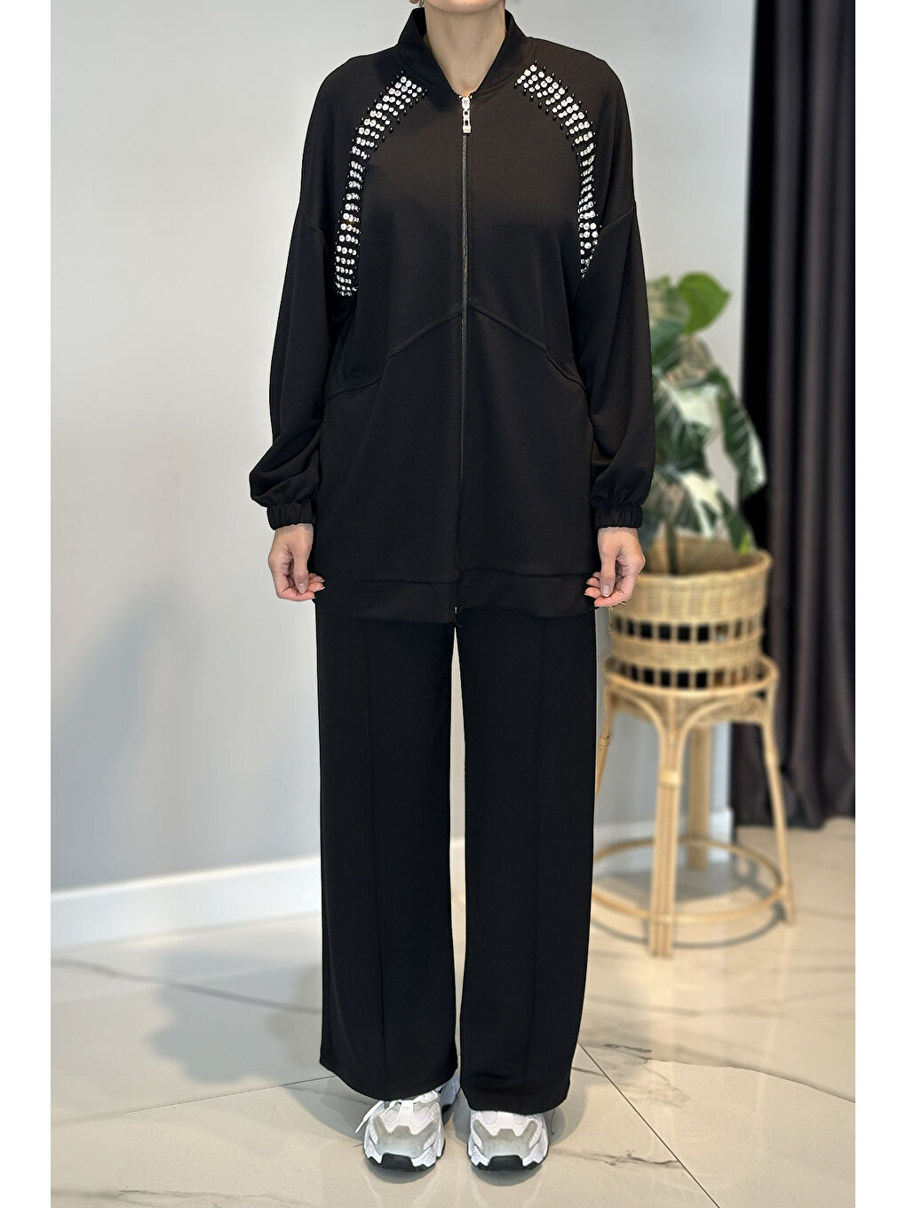 Önü Taş Detay Penye Takım 2015 Siyah