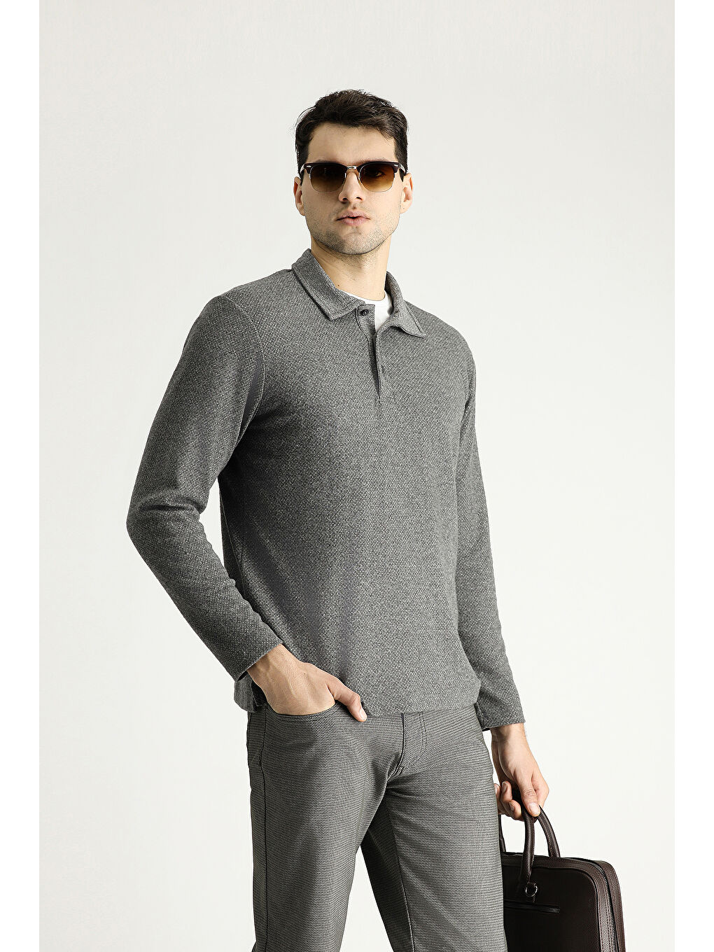 Gri Polo Yaka Desenli Nakışlı Pamuklu Sweatshirt