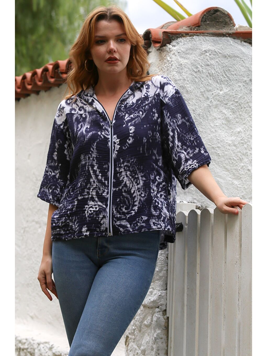 Mavi Kapüşonlu Uzun Kol Şal Desenli Fermuarlı Pamuklu Dokuma Ceket 58 64-3