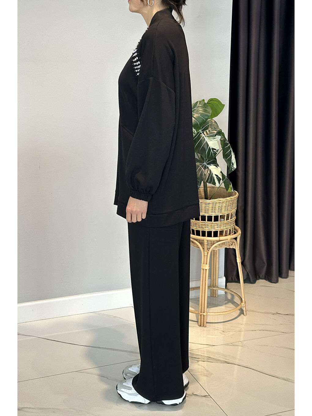 Önü Taş Detay Penye Takım 2015 Siyah-1