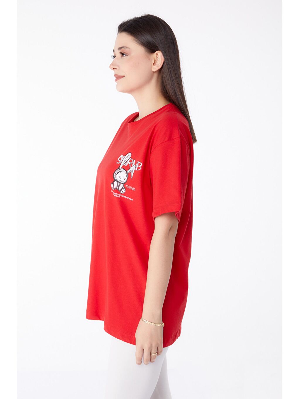 Bisiklet Yaka Kadın Kırmızı Baskılı Tişört - 25288-3