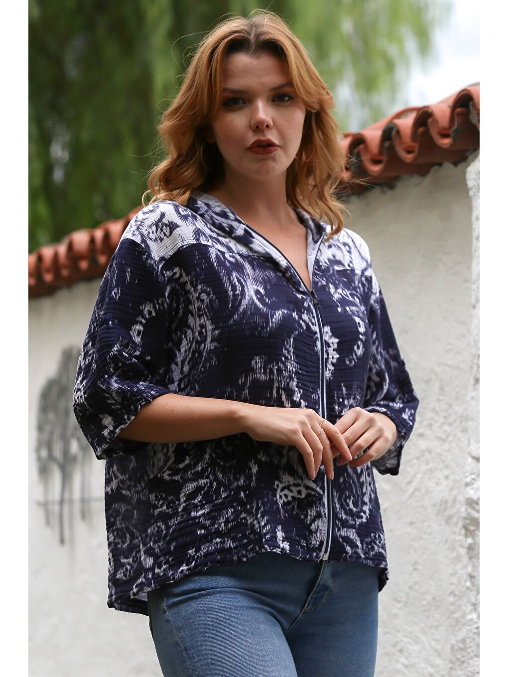 Mavi Kapüşonlu Uzun Kol Şal Desenli Fermuarlı Pamuklu Dokuma Ceket 58 64-4