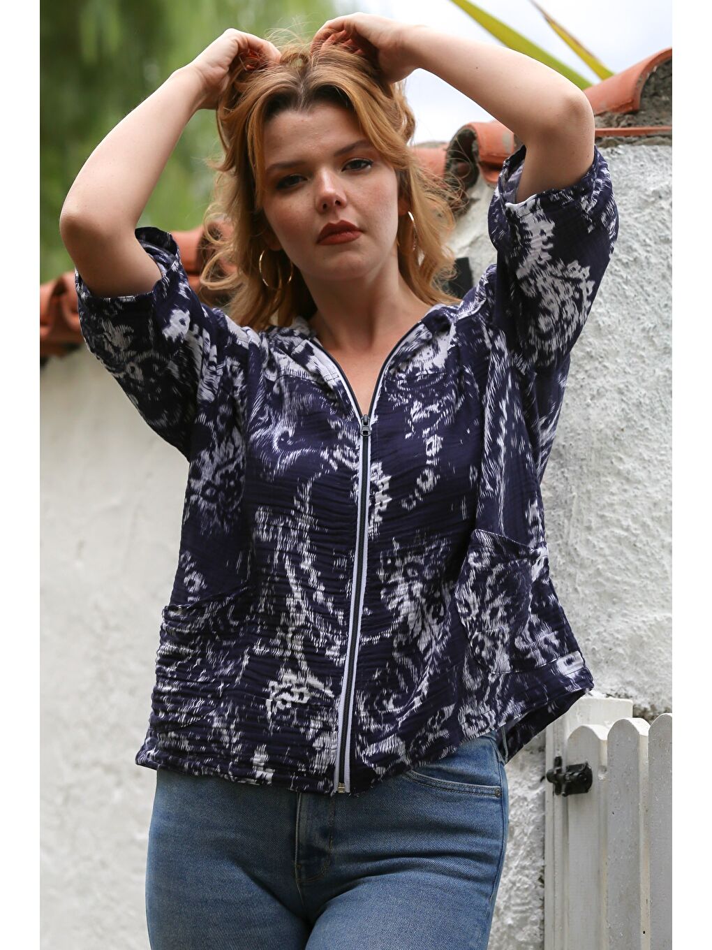 Mavi Kapüşonlu Uzun Kol Şal Desenli Fermuarlı Pamuklu Dokuma Ceket 58 64-5