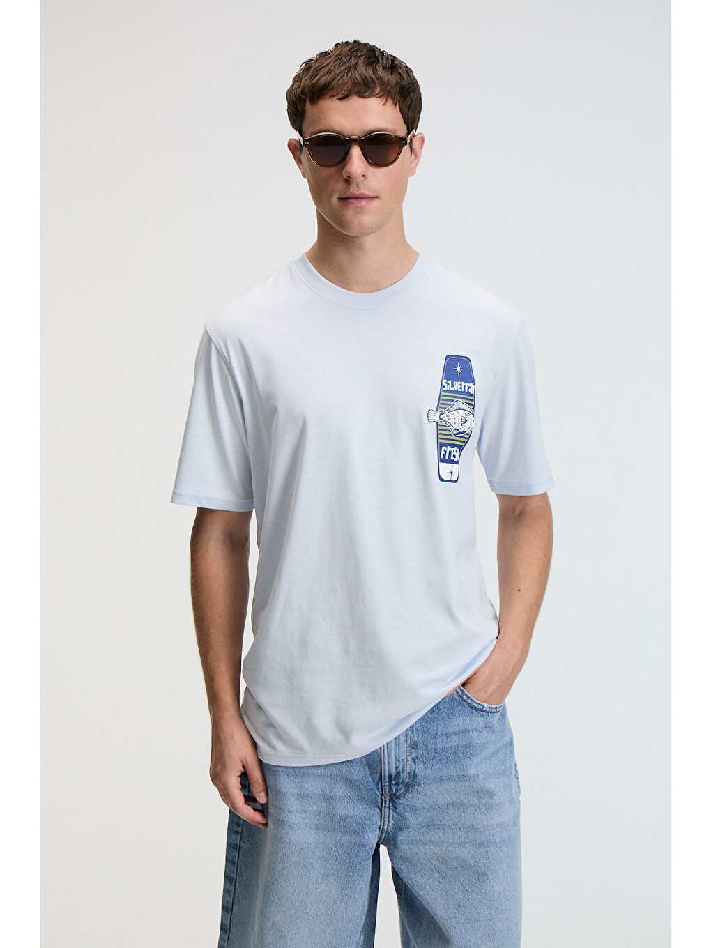Savor Erkek Oversize %100 Pamuk Baskılı Yuvarlak Yaka Mavi T-shirt