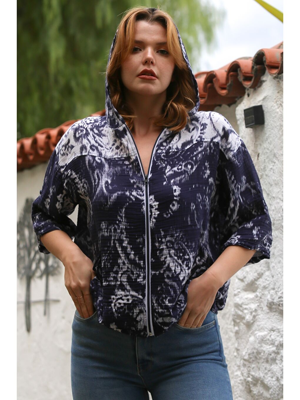 Mavi Kapüşonlu Uzun Kol Şal Desenli Fermuarlı Pamuklu Dokuma Ceket 58 64-6