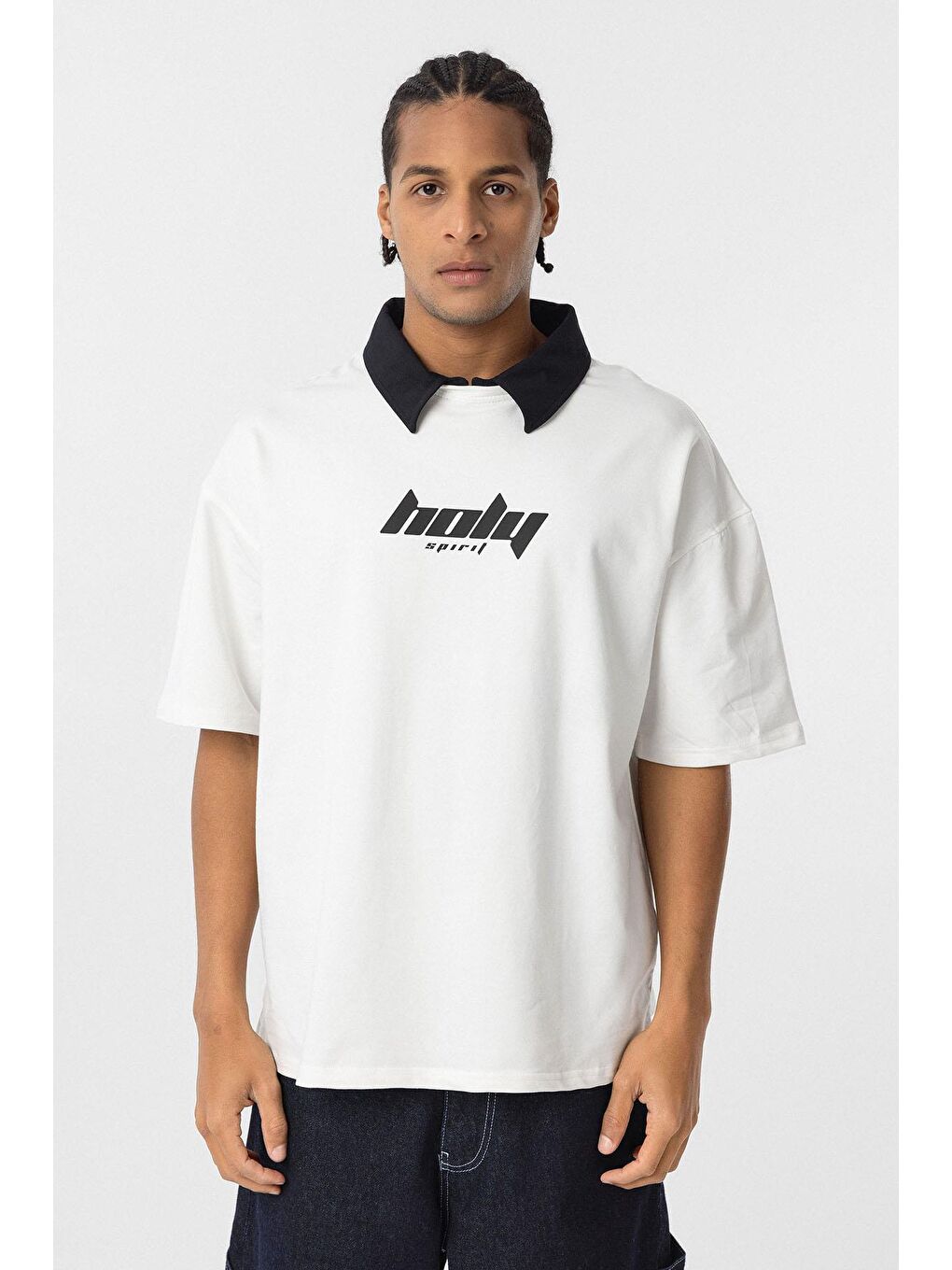 Polo Yaka Oversize Baskılı Tişört Ekru-1